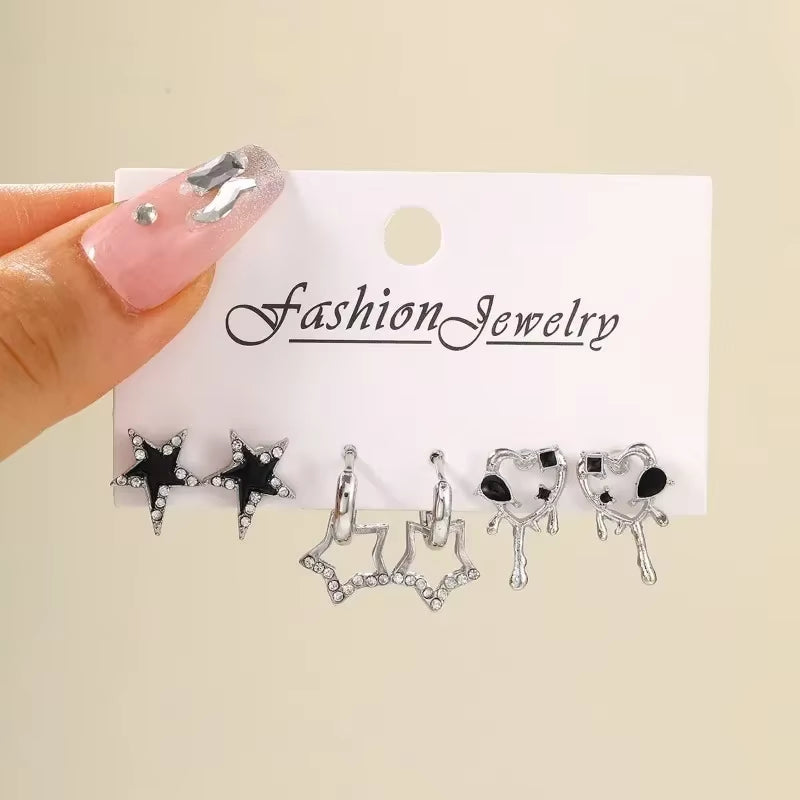 Y2K 6Pcs/Set Silver Color Rhinestone Butterfly Stud Earrings for Women Fashion Punk Heart Earring Sets 2023 Trendy Jewelry Gift