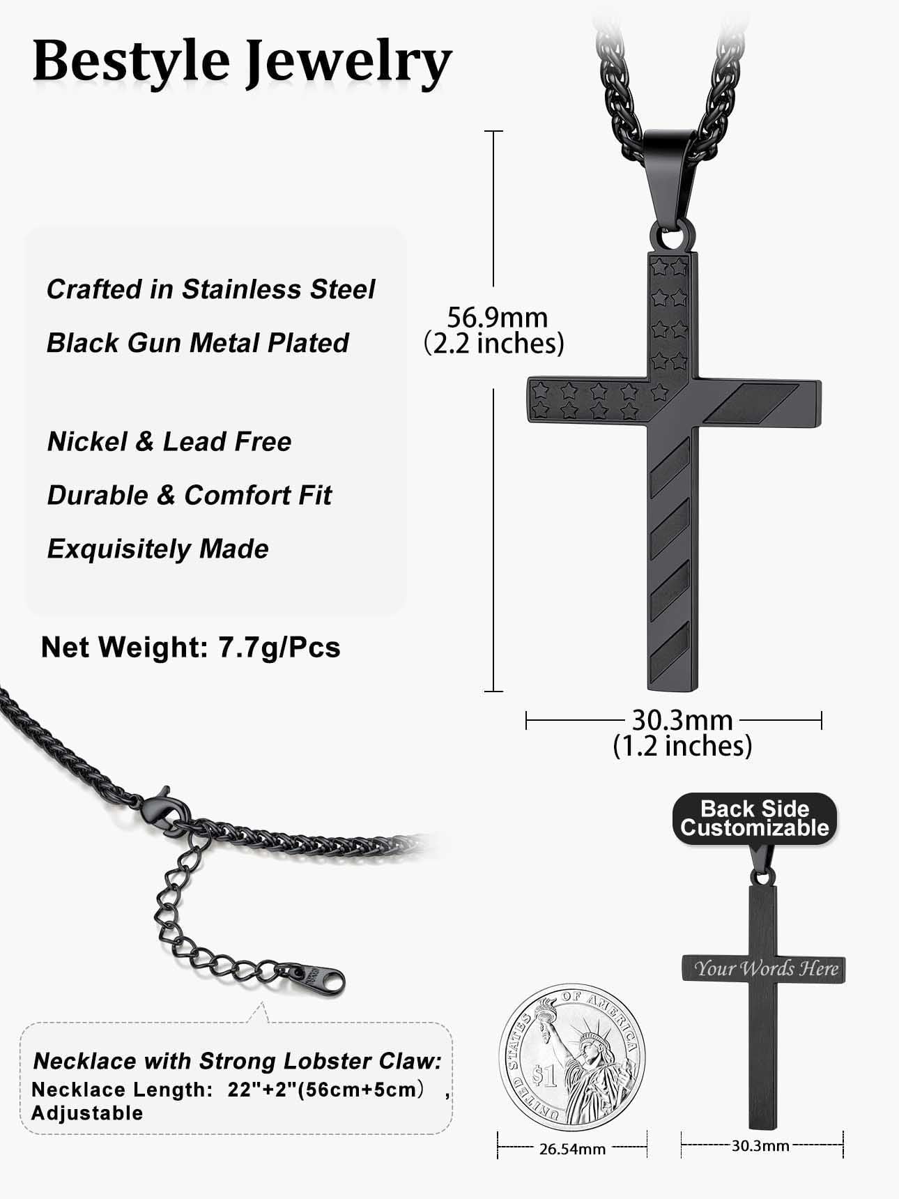 American Flag Cross Necklace for Men Black Cross Pendant Chain Necklace First Communion Religious Jewelry Gift