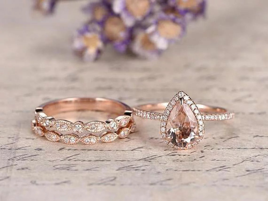 1.75 Carat Pear Cut Lab Created Morganite Art Deco Trio Bridal Set in 18K Rose Gold over Silver