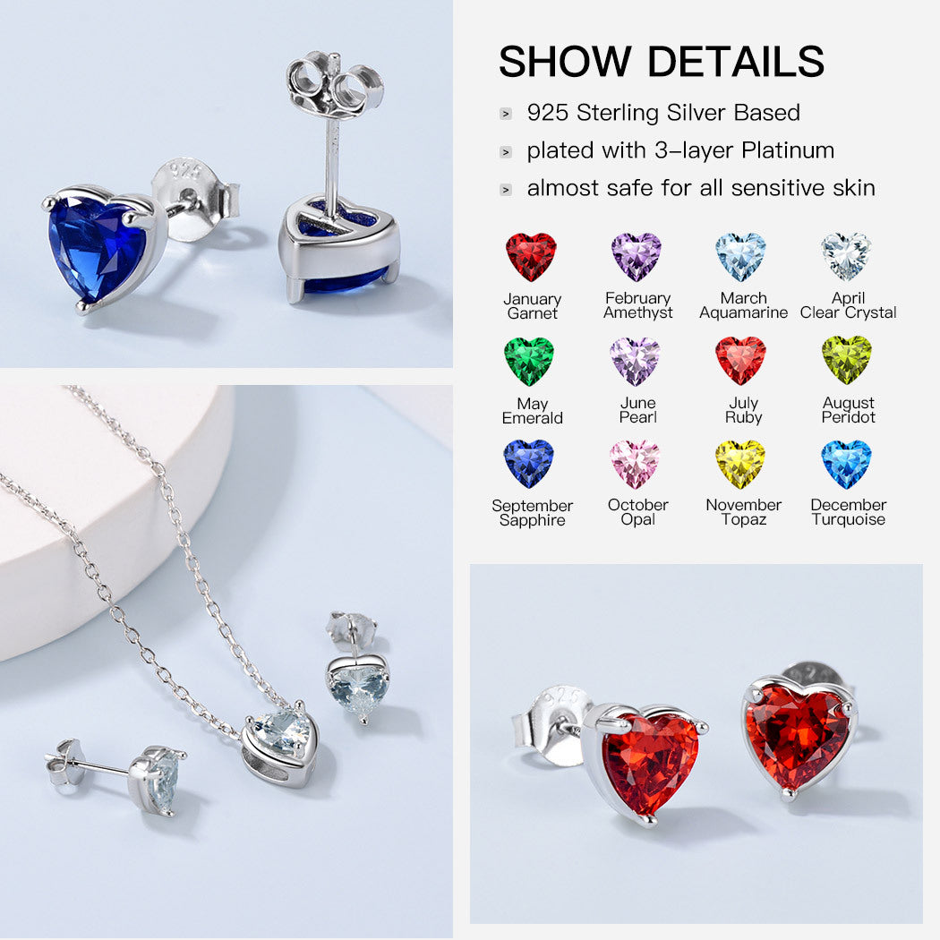 Women Adult 925 Sterling Silver Heart Birthstone Stud Earrings Birthday Valentines Christmas Jewelry Gift